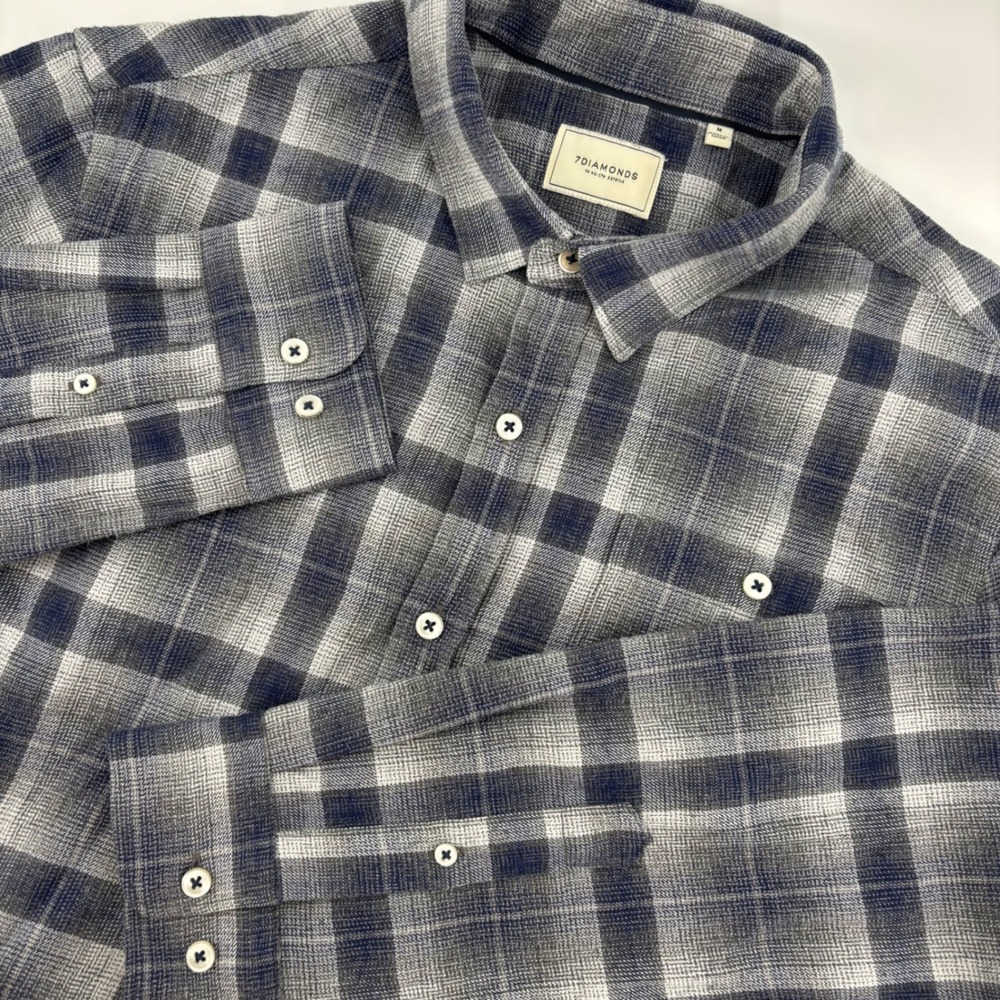 7Diamonds Maxen Flannel Shirt‎ Mens Medium Grey Navy Blue Plaid SMKF-1305